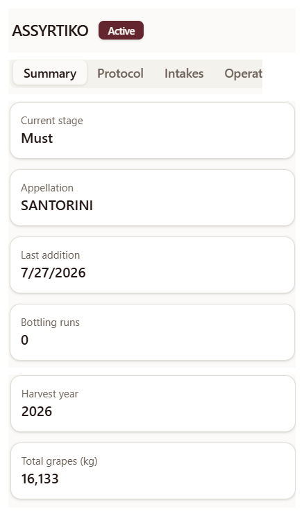 Active winemaking batch overview in WineOS with production stage, volumes, tanks, analyses and additions